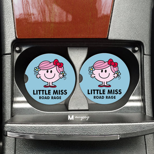 Pair of blue car coasters that say little miss road rage.