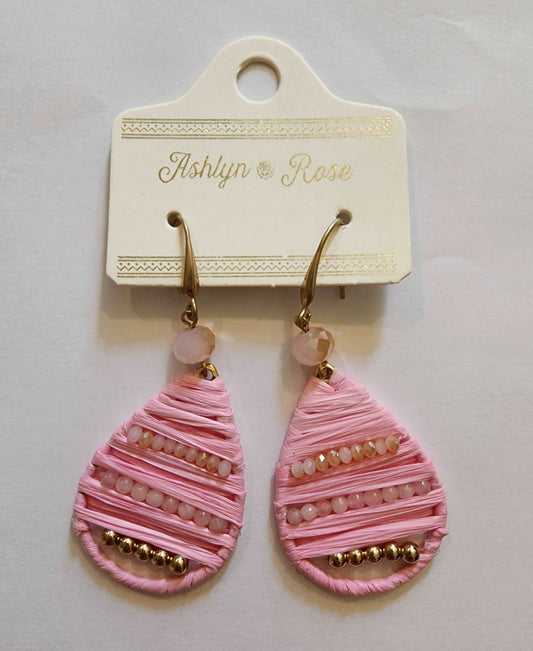 Pink Bead & Twine Teardrop Earrings