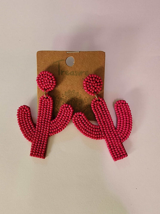 Pink Beaded Cactus Earrings