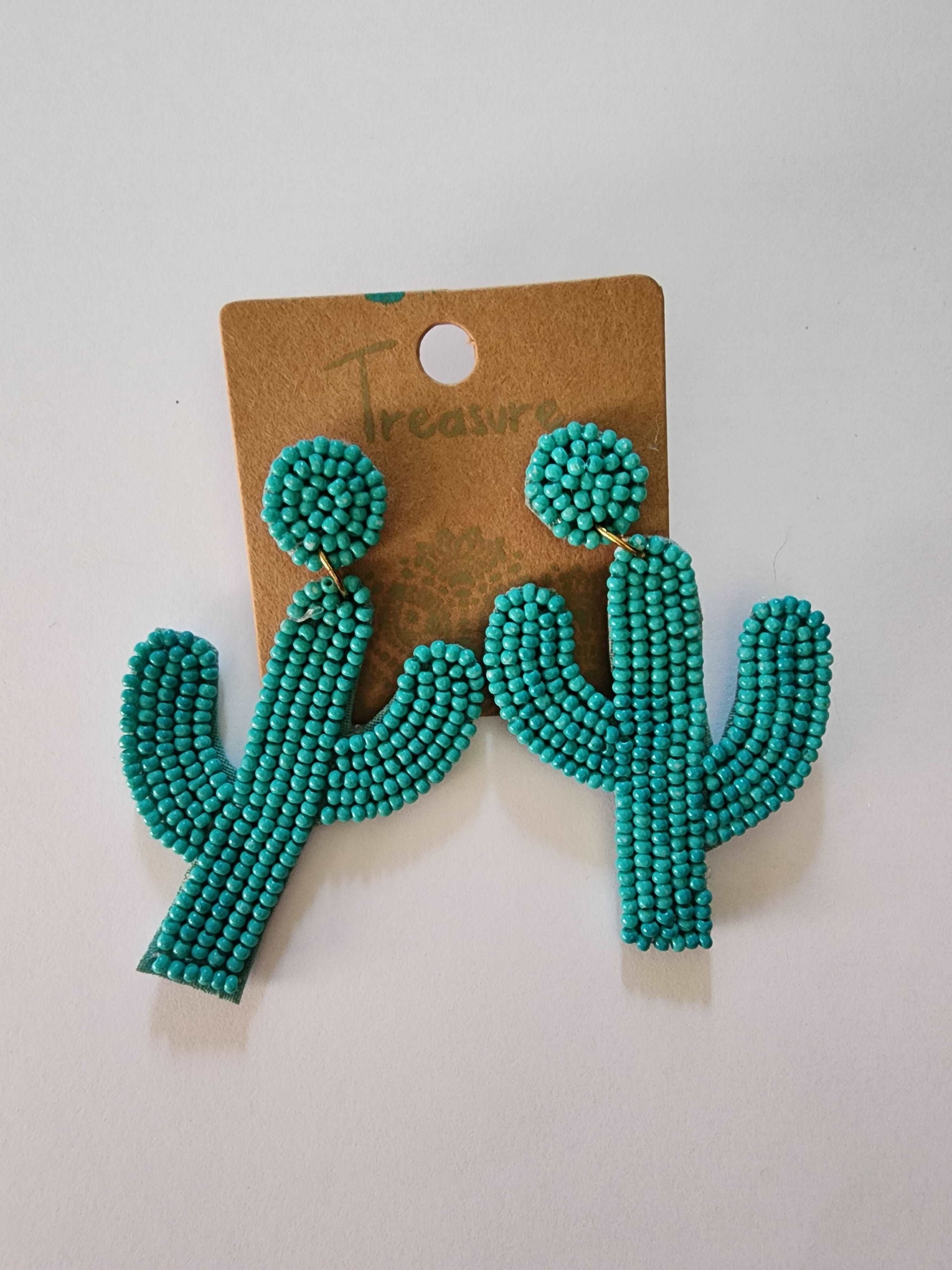 Teal Beaded Cactus Earrings