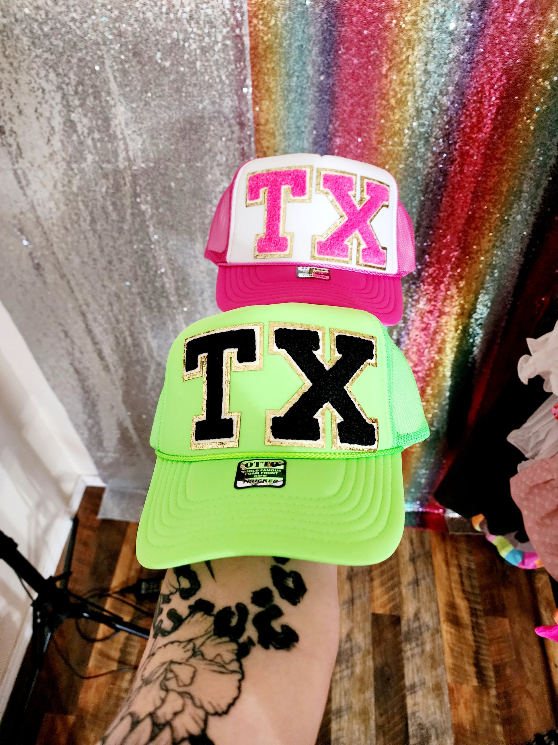 Texas trucker hat. Lime green. Hot pink.