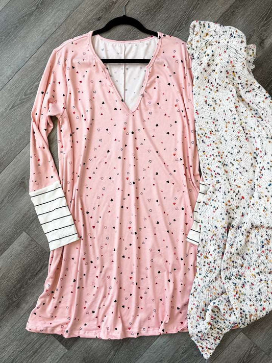 Long sleeve pajama gown with hearts and stripes on sleeves.