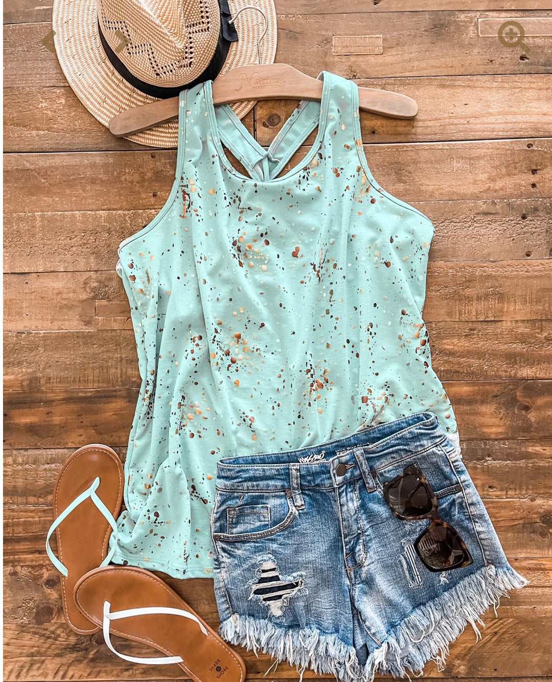 Mint colored tank top with gold splatter.