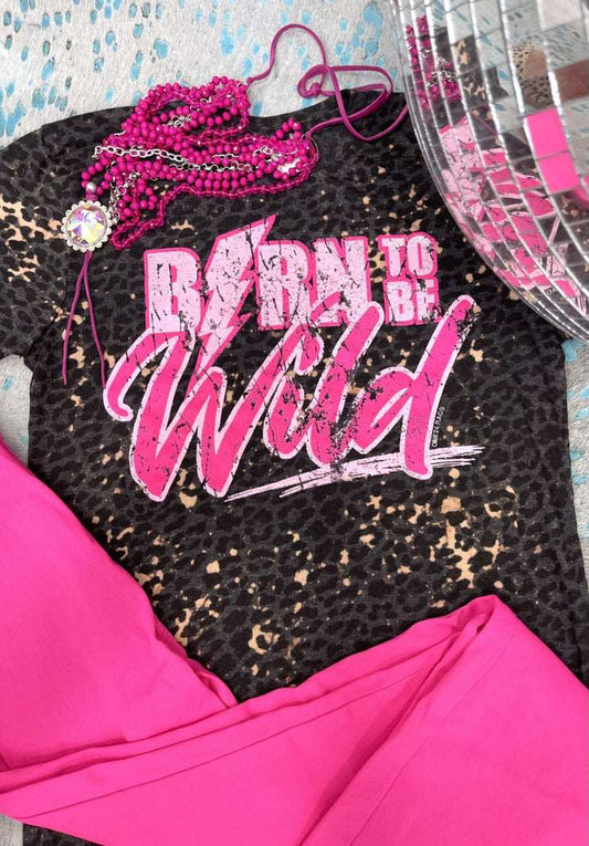 Black leopard tee with bleach distressing with pink words Born to be Wild on it.