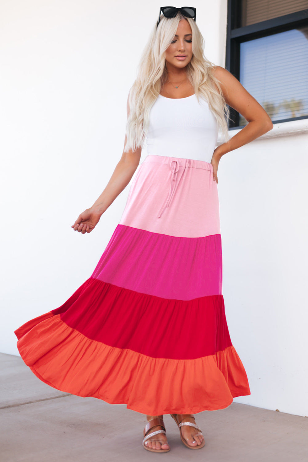 Light pink, hot pink, red, coral tiered skirt. Drawstring elastic waist.