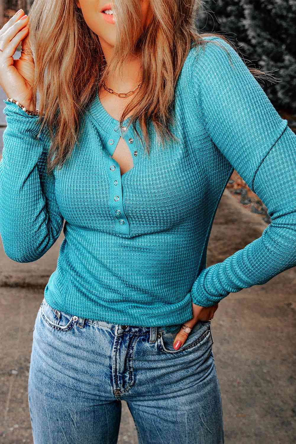 Double Take Half-Snap Round Neck Long Sleeve Top