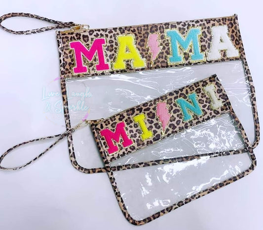 Leopard and clear zipper bag with the word Mama on it.