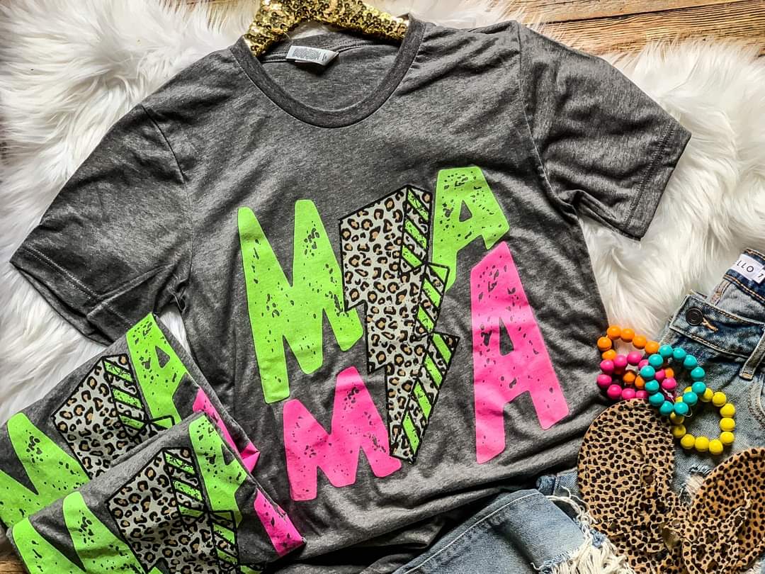 Gray tee with lime green and pink Mama and lightning bolt.