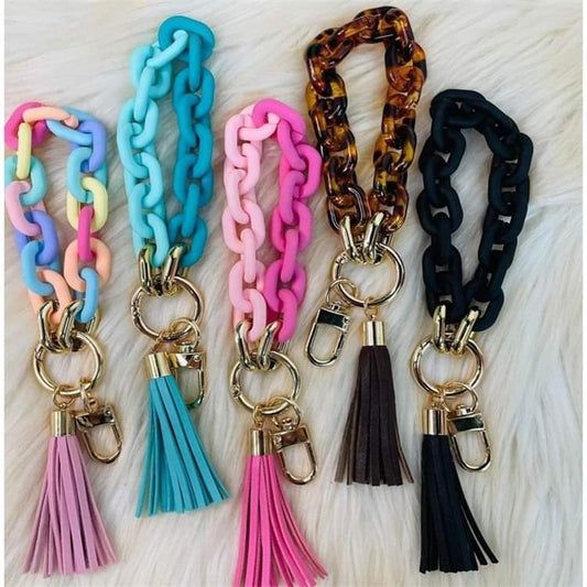 Chain style keychain bracelet with 5 different color options.